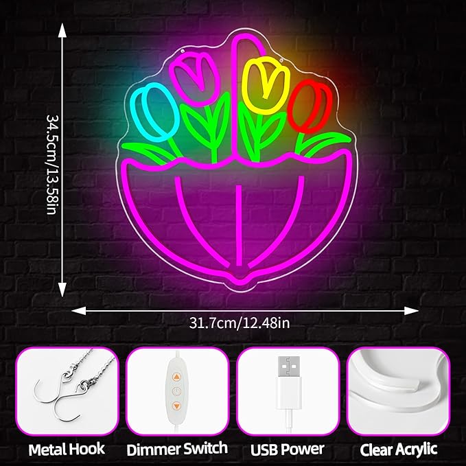 Spring Flower Umbrella Neon Sign Dimmable Tulips Neon Lights April Showers Bring May Flowers Led Sign Easter Wall Art Spring Decorations for Office Classroom