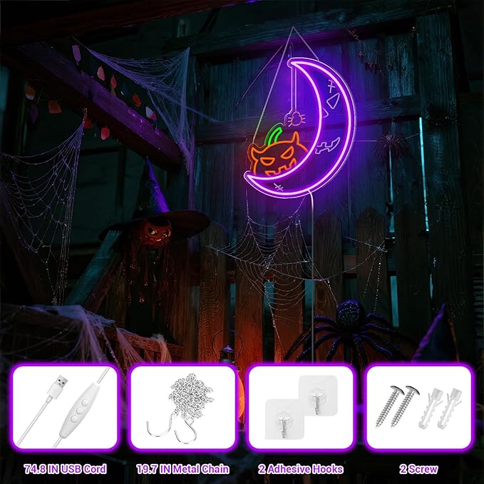Halloween Pumpkin Moon Window Lights Decorations Indoor, Pumpkin&Moon Themed Neon Sign Decor LED Neon Lights for Wall Decor, Decorating Windows, Doors, Party (Purple)