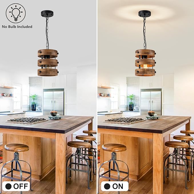 Farmhouse Dining Room Light Fixture, Retro Industrial Metal and Wood Chandelier, Rustic Pendant Lights Kitchen Island for Foyer Hallway Bar Restaurant, D 7.9" x H 8.7"