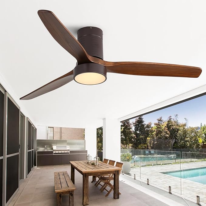 Sofucor 52 Inch Ceiling Fans with Lights, Flush Mount Ceiling Fan with Lights and Remote, Reversible DC Motor, Indoor/Outdoor 3 Blade Solid Wood Ceiling Fans for Bedroom Living Room Patio Farmhouse