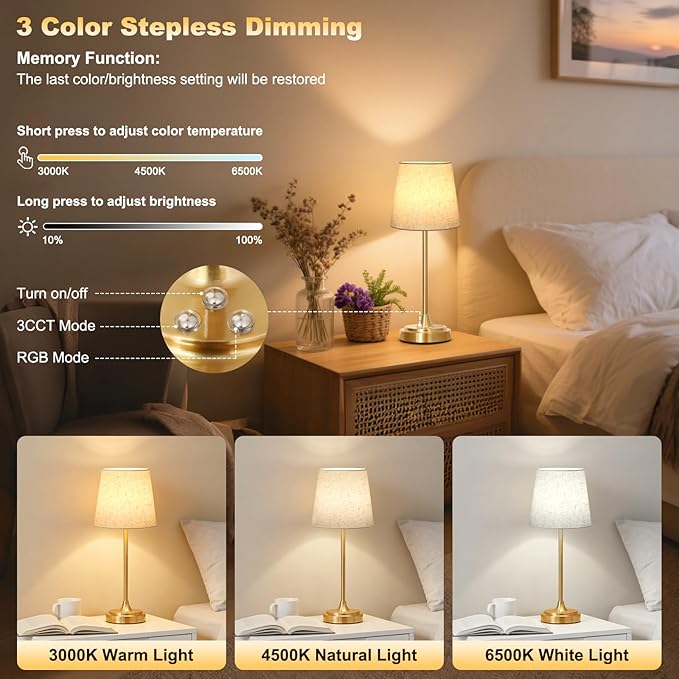Cordless Table Lamp Rechargeable,5000mAh Battery Operated Desk Lamp,3 Colors & 7 RGB Stepless Dimmable,Touch Control Ambient Light for Bedside,Bedroom,Dining Room,Living Room,Gold,FlaxenShade