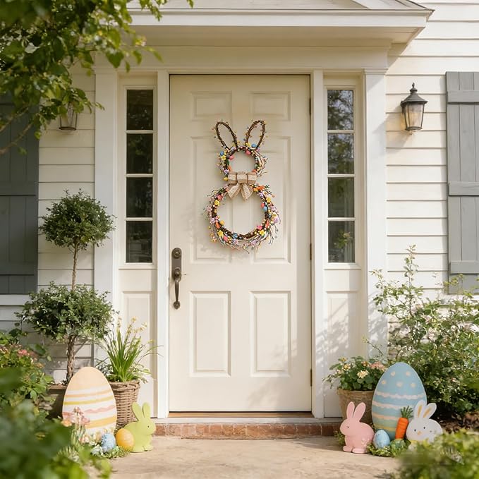 Idyllic 24 Inch Bunny Shaped Easter Wreath with Foldable Base Easter Eggs Daisies and Bow Decor for Front Door Window Living Room Fireplace Holiday Decoration