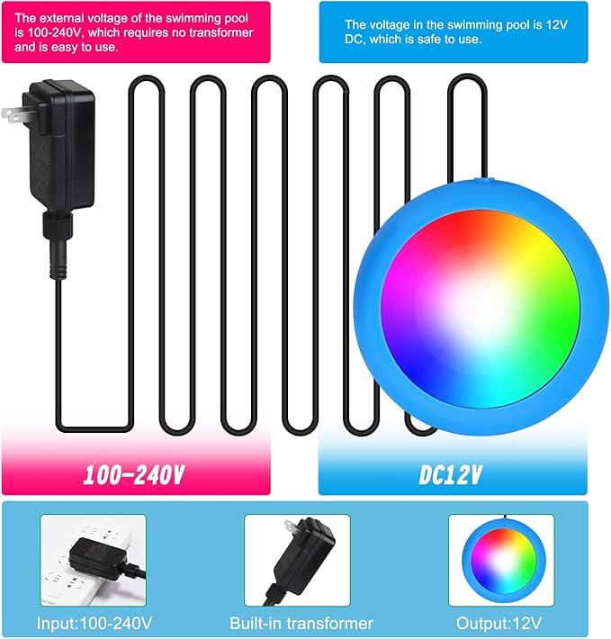 LED Pool Light 10W Smart RGB Magnetic Submersible Light with Remote Control Dimmable Underwater Changing Color Aboveground 12V Pool Light IP68 Waterproof 23ft Cord