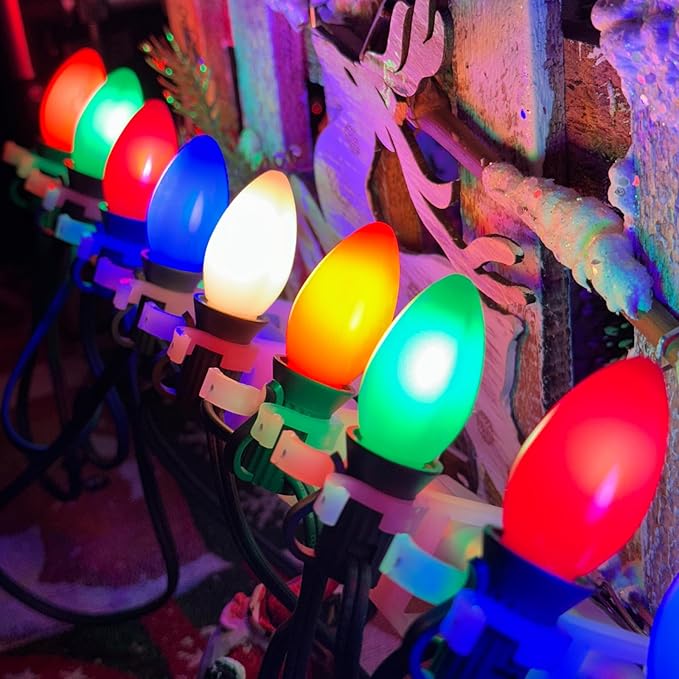 SUNSGNE 25 Pack C7 LED Multicolor Christmas Replacement Light Bulbs for Christmas Indoor Outdoor String Lights, E12/C7 Candelabra Base, 0.6 Watt