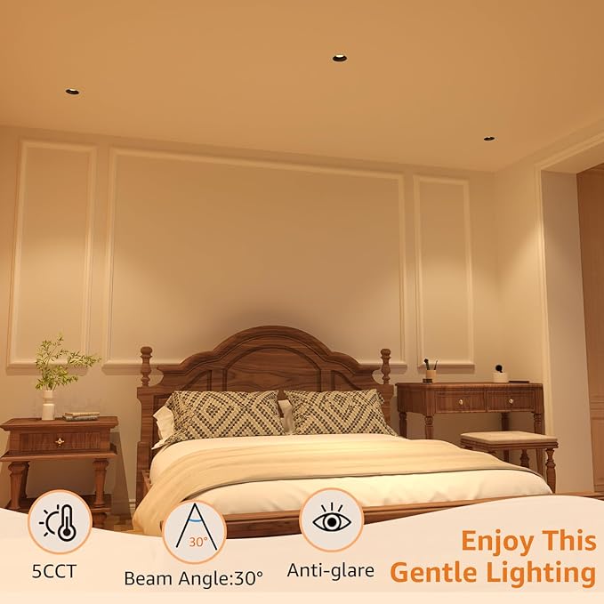 6 Pack LED Round Recessed Lighting, 10W Adjustable Canless Downlight, Aluminum Recessed Ceiling Light with junction Box, 5 CCT 2700K-6000K, Rotation Spotlight for Living Room Bedroom Hallway Kitchen