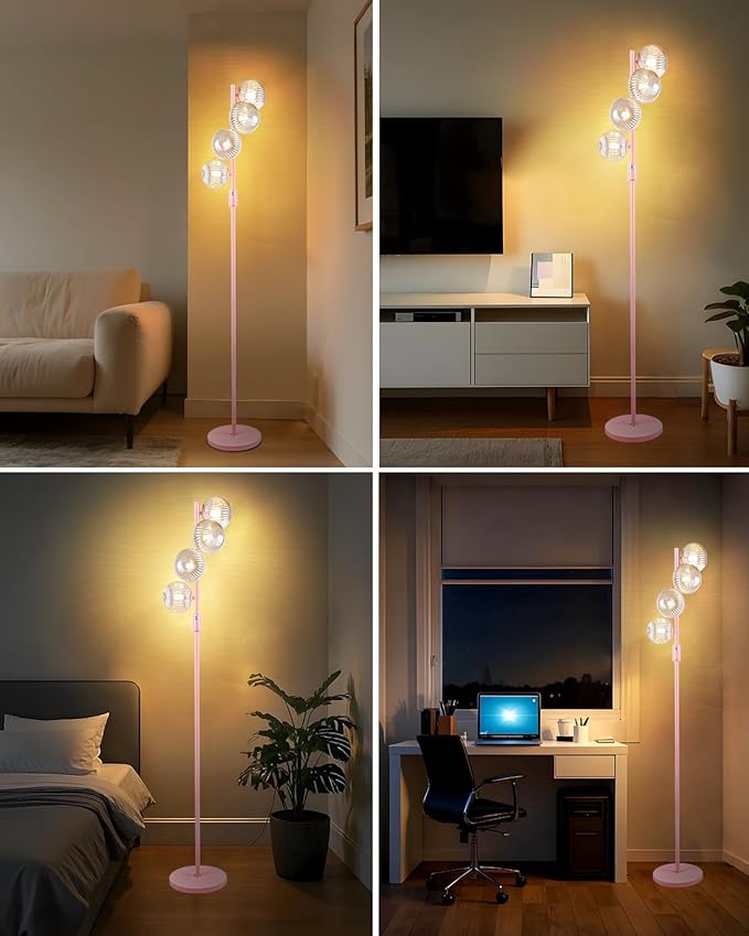 Lightdot 64IN Dimmable Floor Lamp with Globe Clear Glass Shade, Modern Pink Standing Lamps with 4PCS 3000K Bulbs Included, Mid Century Floor Lamp for Living Room Bedroom//Sofa Beside/Corner Decor