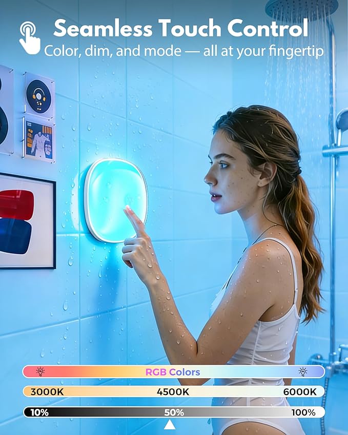 IP65 Waterproof Rechargeable Shower Light - 6″ 300LM Bright, 16 Colors Bathroom Mood Lighting with Touch & Remote, Magnetic Wireless Ceiling/Wall Light for Inside Shower/Bathtub