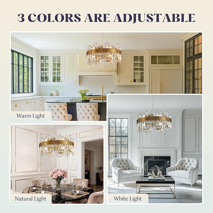 12-Light Modern Crystal Chandelier, 19.7'' Gold Chandelier Light Fixture, Brushed Gold 2-Tiers Raindrop K9 Crystal Ceiling Light Adjustable Round Chandeliers for Dining Room Bedroom Bathroom Entryway