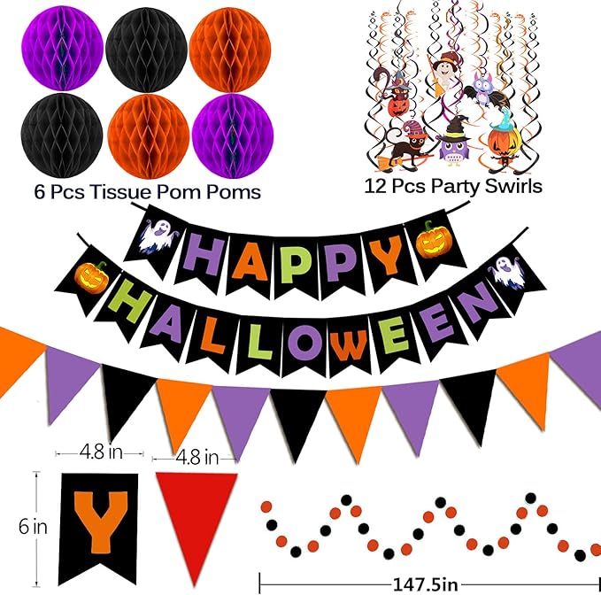 Happy Halloween Banner Paper Triangle Flag Bunting Circle Confetti Dots Hanging Garland Honeycomb Ball Swirl Streamers for Halloween Party Decorations