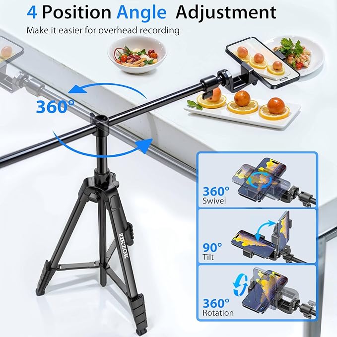68" Phone Tripod for Overhead Shots, Horizontal Tripod, Tripod Stand for iPhone with Wireless Remote/Sandbag, Phone Tripod for Cooking Video Recording/Live Stream/Vlogging