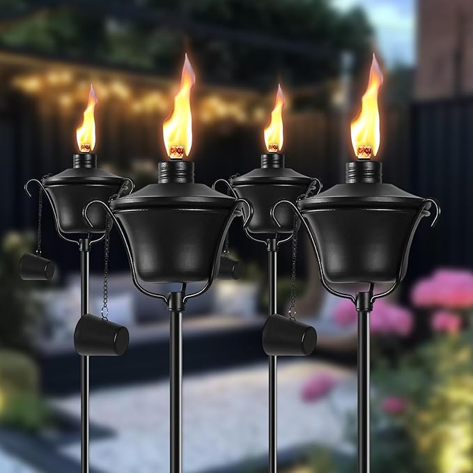 6 Pack Outdoor Garden Torch, 15 oz Outdoor Citronella Torches, 58 Inch 5-Prong Grounded Stake Torches, Metal Torches with Fiberglass Wick for Yard, Patio, Deck, Garden, Party, Landscape ﻿
