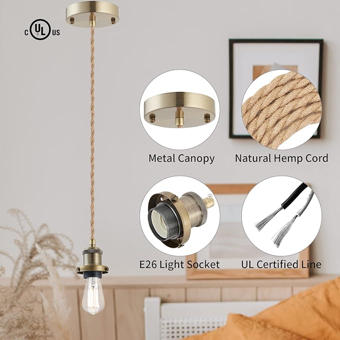 Industrial Mini Pendant Light Kit, E26 Socket Pendant Hanging Light, Hemp Rope Vintage Hanging Pendant Light Cord, Adjustable Pendant Lights Ceiling Mount Kitchen Island Farmhouse