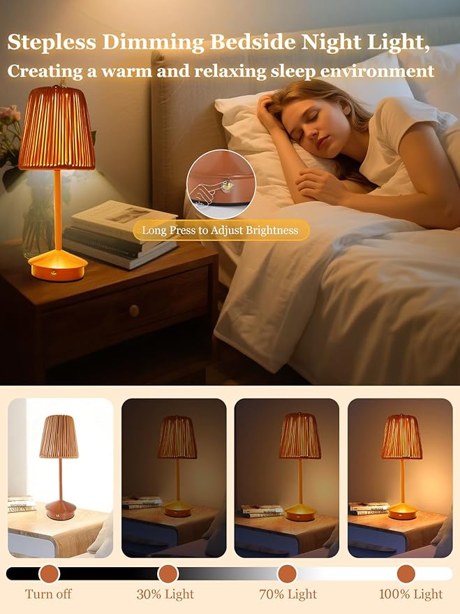 Boho Rattan Table Lamp, Cordless Wicker Woven Vintage Table Lamp - LED Rechargeable Touch Control 3 Color Dimmable Reading Bedside Lamp for Bedroom Living Room Office, Home Outdoor Decor (Brown-2)