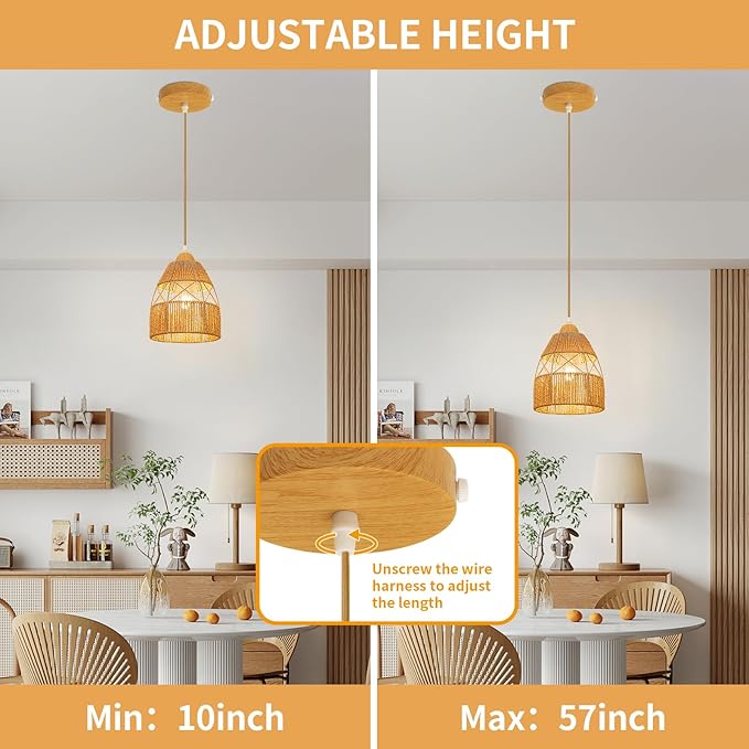 2 Pack Boho Rattan Pendant Light Kitchen Island,Farmhouse Chandeliers Adjustable Height Hanging lamp for Dining Room,Kitchen Ceiling Lights Fixtures with Hand Woven Wicker Lampshade Lighting