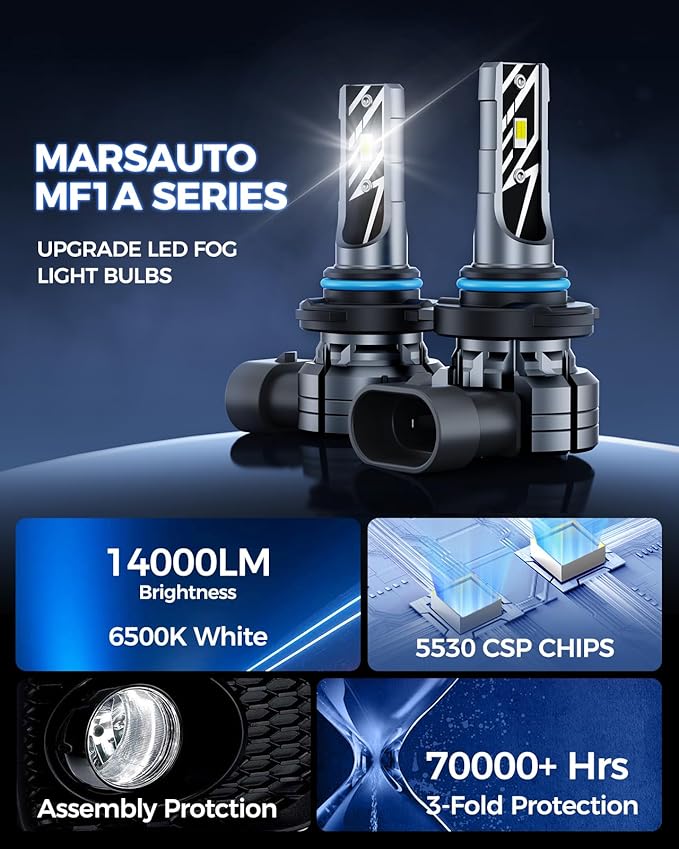 Marsauto 9145 H10 LED Fog Light Bulbs, 14,000LM 6500K Cool White H10 9140 9145 LED Bulb Fog Lights, Non-Polarity, 70000HRS Lifespan 9145 Fog Light Bulbs for Fog Lights and DRL, Exterior Lighting
