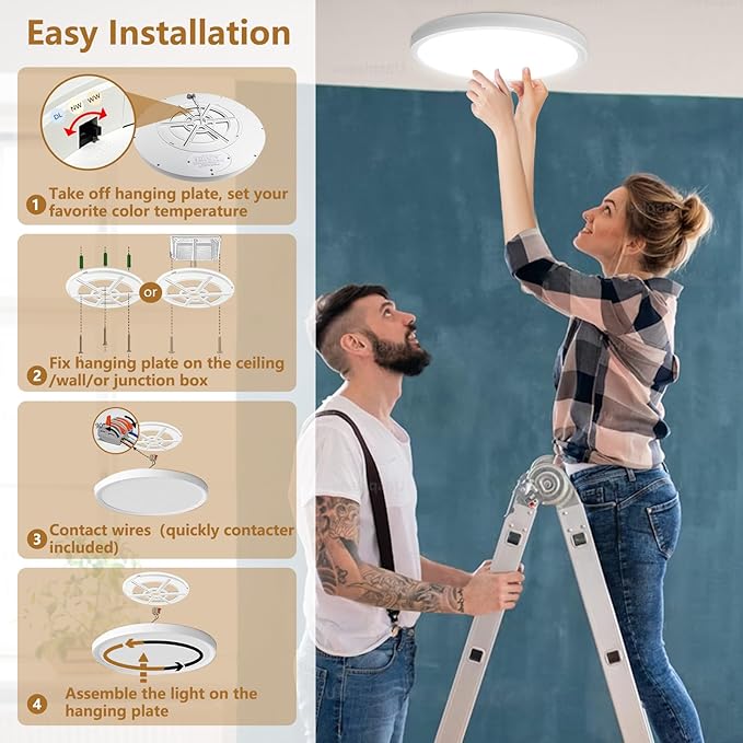 24 Inch Large LED Flush Mount Ceiling Light, 50W, 5480LM, 3000K/4000K/6000K CCT Selectable,Super Slim Low Profile Round Flat Panel Light for Bedroom,Kitchen,Hallway (White 1PK)