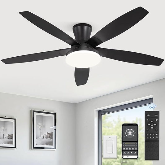 ZMISHIBO 52 inch Ceiling Fans with Lights and Remote/APP Control,Black Low Profile Ceiling Fan with Light,Quiet DC Motor,LED Dimmable, Modern Flush Mount Ceiling Fan for Bedroom Indoor/Outdoor Patio
