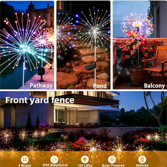 Solar Firework Lights for Outside, 8 Modes RGB Color Changing Fireworks Solar Fairy Light Outdoor for Garden Yard Patio Pathway Wedding Christmas Diwali Easter Party Decor Multicolor(8 Pack)