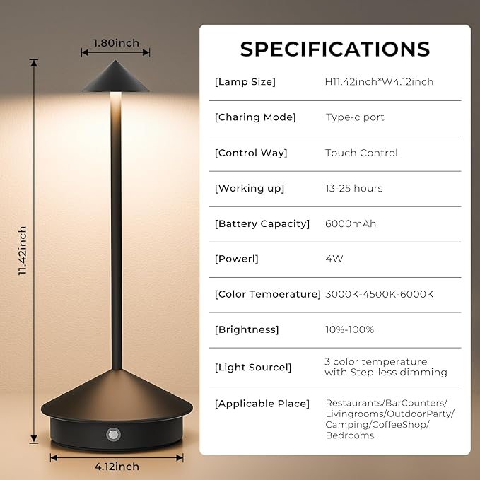 2 Pack Cordless Table Lamp, 6000mAh Rechargeable Battery Operated Desk Lamp, Portable Table Light,3 Color Stepless Dimming Up,for Restaurant, Bedroom, Patio，Outdoor Camping, Coffee Shop, Night Light