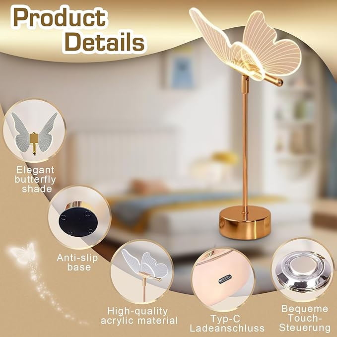 Butterfly Table Lamp,Tricolor Butterfly Lamp for Nightstand,3 Way Dimmable Butterfly Bedside Lamps, Acrylic Butterfly Touch Lamp for Living Room Bedroom Home Decor,Gold