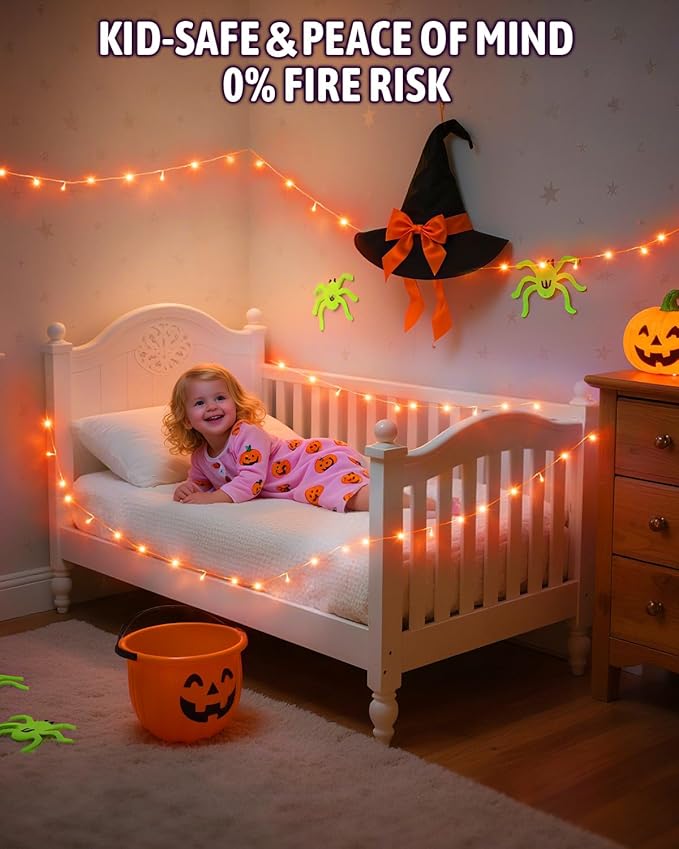 Halloween String Lights Battery Operated, Orange Lights for with Timer Waterproof 16.4ft 50 LED Halloween Decorations for Outdoor Indoor Patio Party Garden Yard Decor 2 Packs