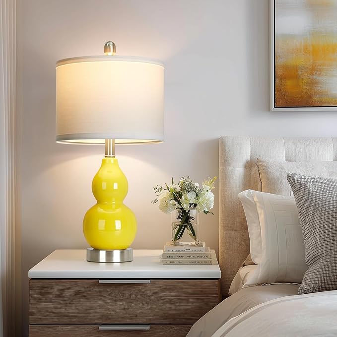 Double Gourd Ceramic Table Lamps Set of 2, Modern Yellow Bedside Lamps for Night Stand, Contemporary Nightstand Lamps for Bedroom Living Room (Bulb Included)