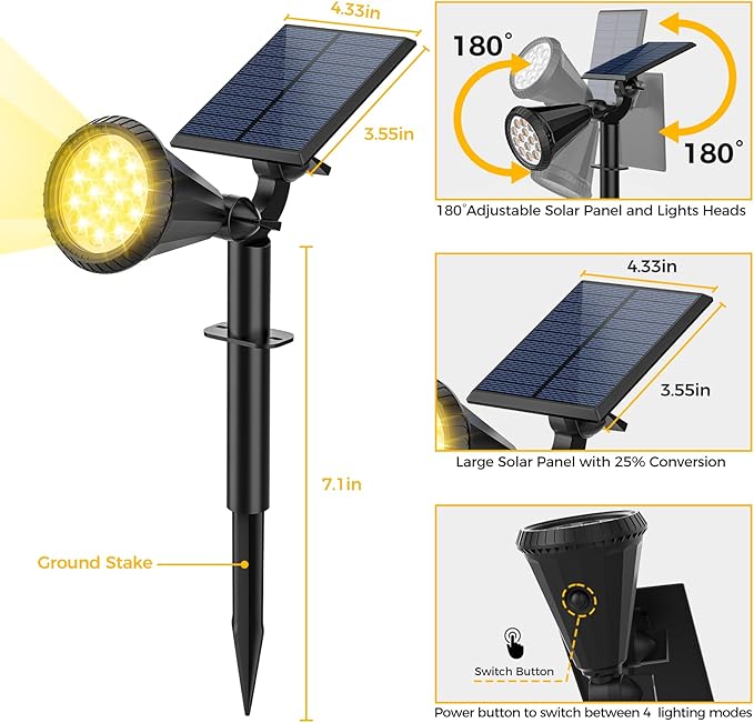 Solar Spot Lights Outdoor, 4 Modes/8 Pack Solar Spotlights Waterproof, 180° Adjustable Powered Landscape Lights, Outdoor Solar Lights for Yard Garden Pathway Flag Tree Wall Statue Warm White