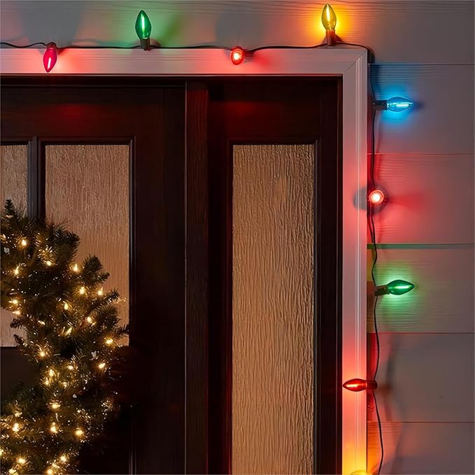 25 Pack LED C7 Christmas Lights Replacement Bulbs,Clear Multicolor Christmas Light Bulbs 0.6Watt Dimmable E12 LED Glass Bulbs for Indoor Outdoor Decorative