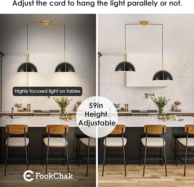 Black Dome Pendant Light 2 Light Socket Large Pendant Light Fixture with Adjustable Pendant Cord Black Gold Pendant Lighting for Kitchen Island Dining Room Kitchen Sink