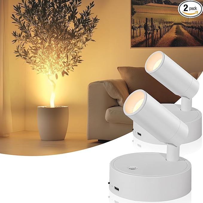 Wireless Led Spotlight Indoor, Plant Spotlight Indoor with Remote Dimmable, 350° Rotate,Uplighting Battery Powered Ceiling Light for Artwork Painting Plant Picture Lights, 2 Pack