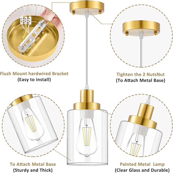 Industrial Pendant Lighting, Modern Clear Glass Shade Pendant Lights, Adjustable Hanging Light Fixtures, Farmhouse Pendant Lighting for Kitchen Island Living Room Bedroom Hallway 3-Pack (Gold)