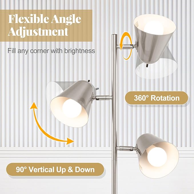 Tangkula 3-Light Floor Lamp, 64" Mid Century Modern 3 Light Tree, Standing Tall Pole Lamp with 3 A19 LED Bulbs and Adjustable Heads, 3 E26 Base, Reading Light for Living Room & Bedroom (Silver)