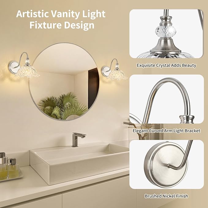 1 Piece Brushed Nickel Wall Sconce with Floral Clear Glass Shade, Brushed Nickel Finish Wall Mount Lighting for Bathroom, Modern Bathroom Vanity Light Fixture