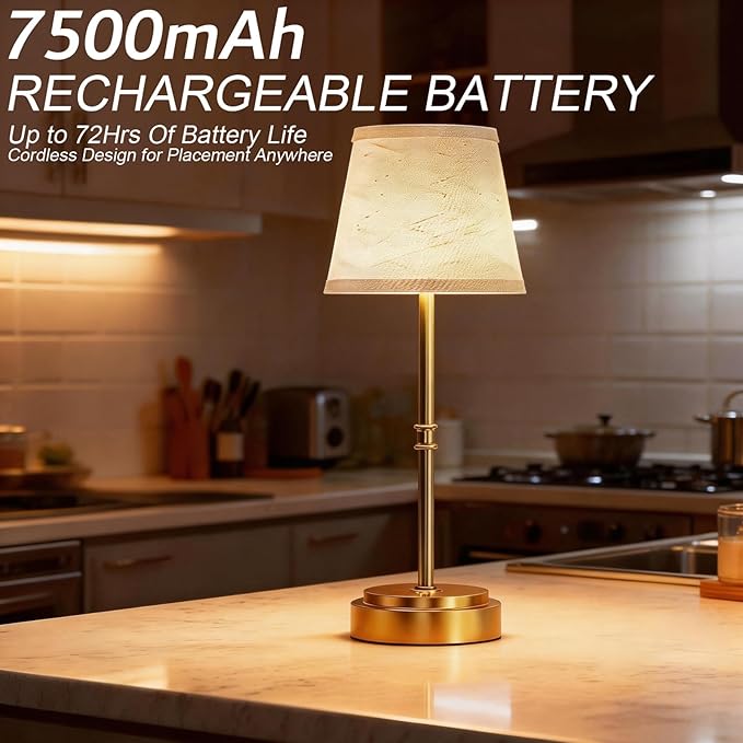 Cordless Table Lamp - 7500mAh Longest Lasting Battery Operated Lamp, 1 Pack Antique Brass Aesthetic Cozy Rechargeable Desk Lamp for Kitchen Counter, Dining Room & Restaurant Centerpiece