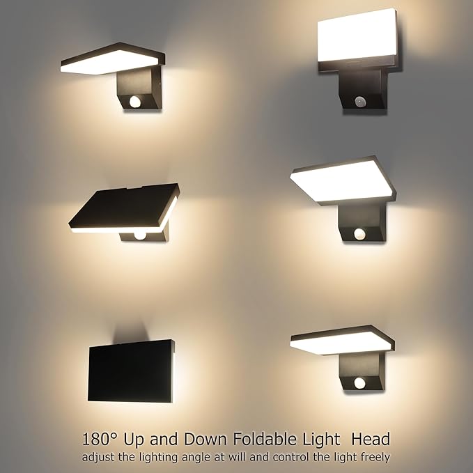 Motion Sensor Outdoor Light, 18W 1980LM Black Motion Outdoor Wall Lights, IP65 Waterproof Sconce Lighting, LED Porch Lights 3000K Foldable Patio Wall Light Fixture for House Garage Square