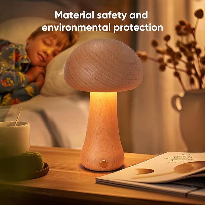 Small Wood Mushroom Lamp, LED Cordless Bedside Touch, Portable Dimmable Battery Mushroom Lamp for Bedroom Nightstand
