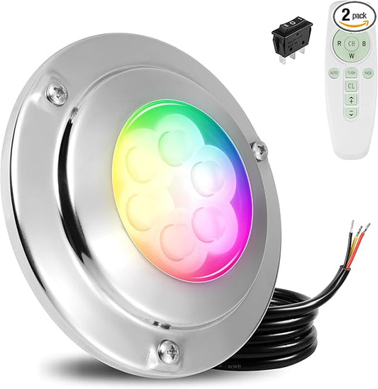 Goldlife 6,000LM Marine Underwater LED Light for Boat, B4-1 RGBW w/RF Remoter, 4.3" 60W DC10-30V 6LED, Dimmable Color-Changing IP68 Submersible Yacht Transom Pontoon Light Surface Mount 316 Stainless