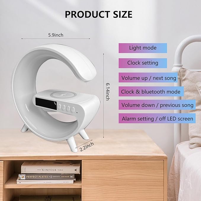 Wireless Speaker Charger Light,LED Bedside Lamp 4-in-1 Alarm Clock,Mood Night Light,Speaker & Wireless Charger,Smart Light Sound Machine,Atmosphere Table Lamp for Bedroom,Birthday Gifts