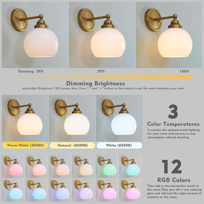 HEQIQEH Vintage Rechargeable Battery Operated Wall Sconce with Milky White Globe Glass Shade, Dimmable Cordless Wall Mounted Lamp with Remote Control for Indoor Bedroom Vanity Bathroom