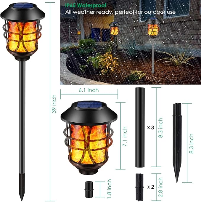 TomCare Solar Outdoor Lights Metal Flickering Flame Torches Waterproof Heavy Duty Pathway Landscape Lighting Dusk to Dawn Auto On/Off for Garden Patio Yard, 4 Pack