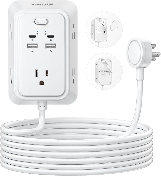 10ft Flat Plug Extension Cord, VINTAR Multi Outlet Extender with 5 Outlets and 4 USB Ports (2 USB-C), 3-Sided Wall Mount Charger, 1800J Surge Protector Power Strip for Home, Office, College Dorm