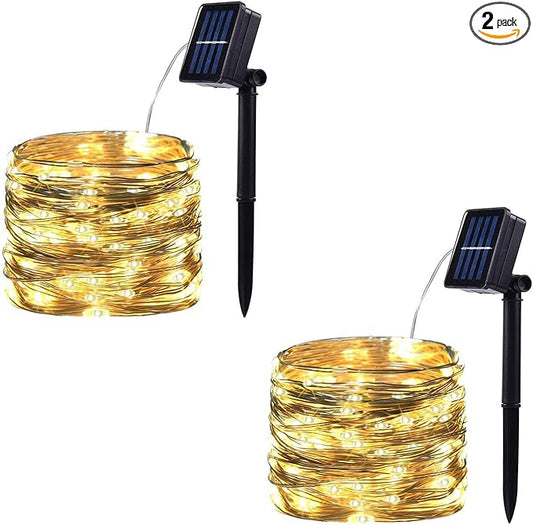 2 Pack 100 LED Solar Powered String Lights, Each 33FT Copper Wire 8 Modes Solar Fairy Lights Outdoor Waterproof for Garden, Patio, Party, Christmas, Home (Warm White)