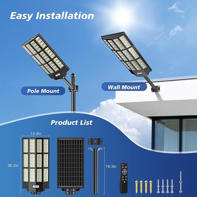 10000W Solar Street Lights Outdoor - Wide Angle Solar Lights Outdoor Motion Sensor, Commercial Parking Lot Light Dusk to Dawn, 7000K LED Street Light IP66 Waterproof with Remote Control