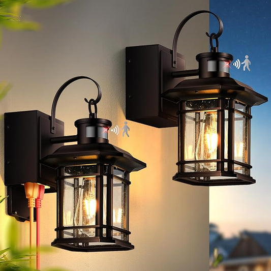 2 Pack Porch Light with GFCI Outlet, Distance and Time Adjustable Motion Sensor Outdoor Wall Lights, Bronze Outside Sconce Lights for House Garden Patio Garage, Waterproof