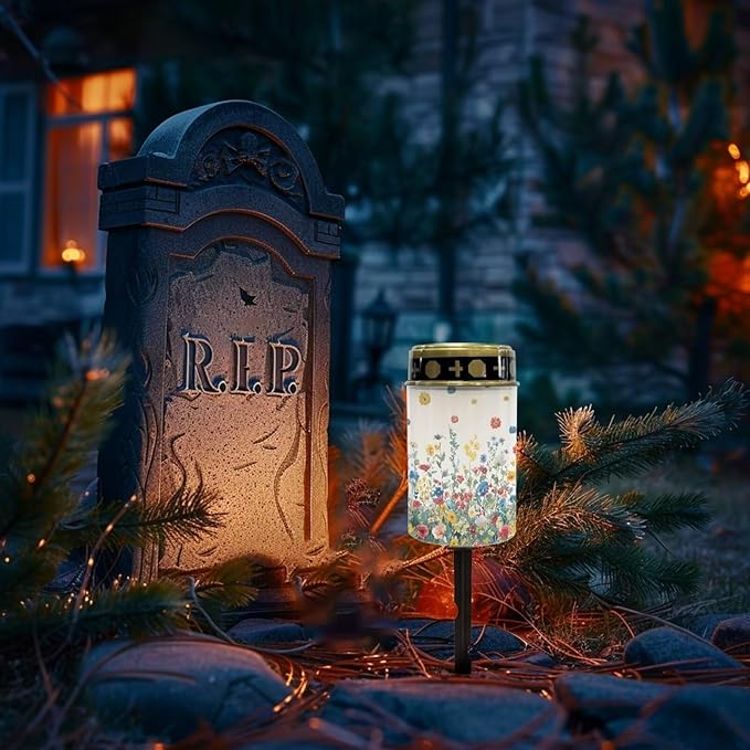 Light for Prayer Cemetery Solar Lights for Grave Cemetery Decor Candle Lamp Floral Solar Powered Landscape Lights for Grave Memorial Gift Decor
