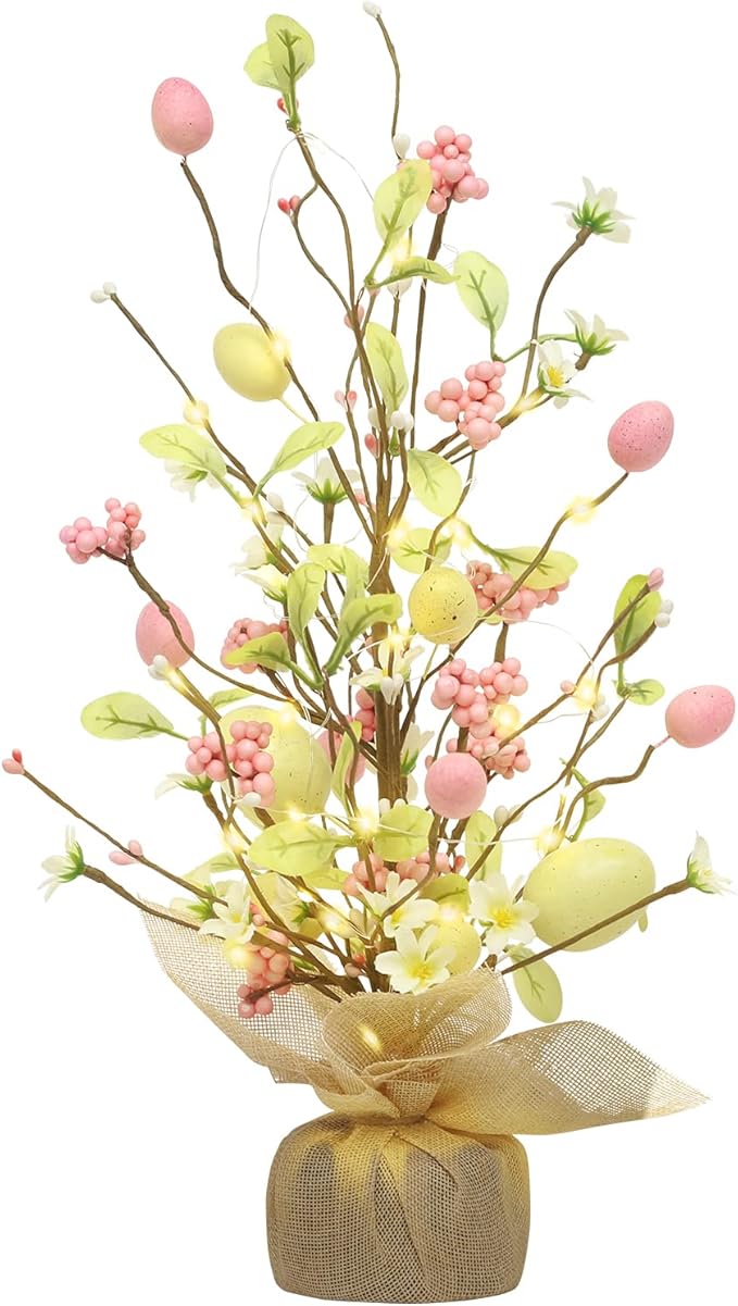 RoseCraft Easter Decorations, 18 Inch Pre-Lit Easter Egg Tree Tabletop Decor with Delicate Ornaments, for Home Party Wedding Holiday Spring Summer Decoration, Yellow/Pink.