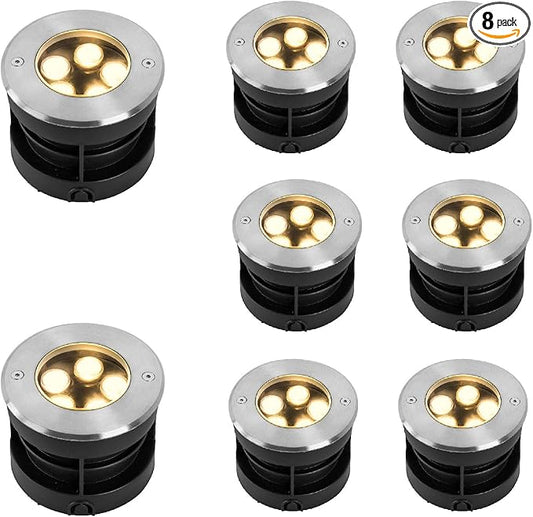 Outdoor In-Ground Lights Wired,Waterproof IP67 LED Landscape Lights 110V 120V,3CCT Selectable Well Lighting,Diameter 4inches up Tree Spotlight for Pathway,Garden,Yard,Pack of 8 (5W, Piece, 8)