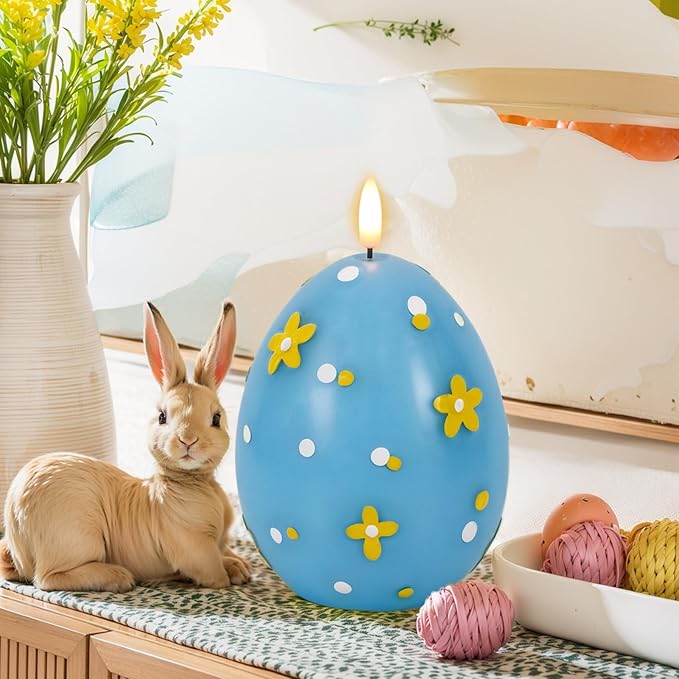 DRomance Easter Flameless Candles Battery Operated with 6 Hour Timer Battery Operated Real Wax Color Painted Easter Egg Shaped LED Flickering Candles Dinner Spring Holiday Decor(Blue, 2.4"D x 6.3"H)