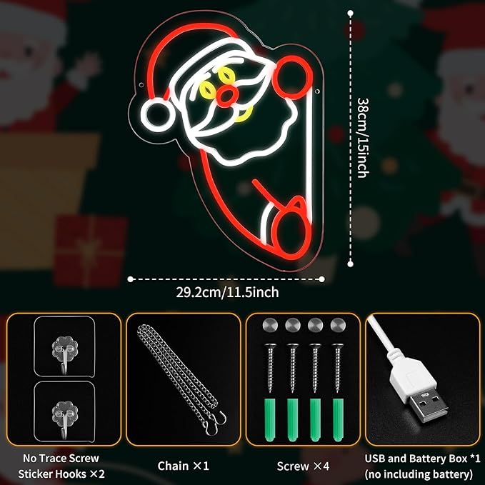 Chrismas Neon Signs for Wall Decor,Santa Claus Neon Sign for Xmas Party,Dimmable Led Christmas Window Lights,Merry Christmas Light Up Decorations for Bedroom Kids Livingroom Winter Home Holiday Gifts