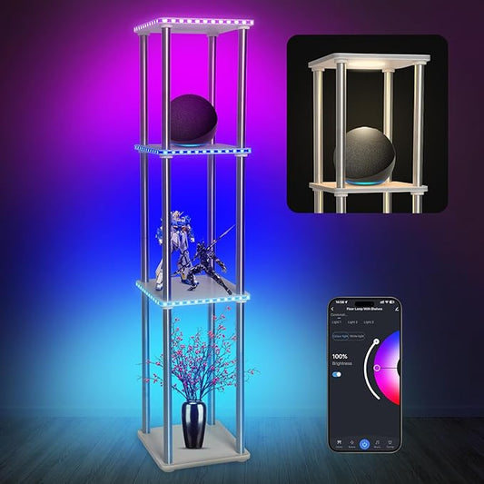 LED Floor Lamp with Shelves, Adjustable Height lamp with Shelves, Standing Lamp with APP Control,USB Port and Music Sync, Shelf Lamp for Living Room, Bedroom, 4 Tier White